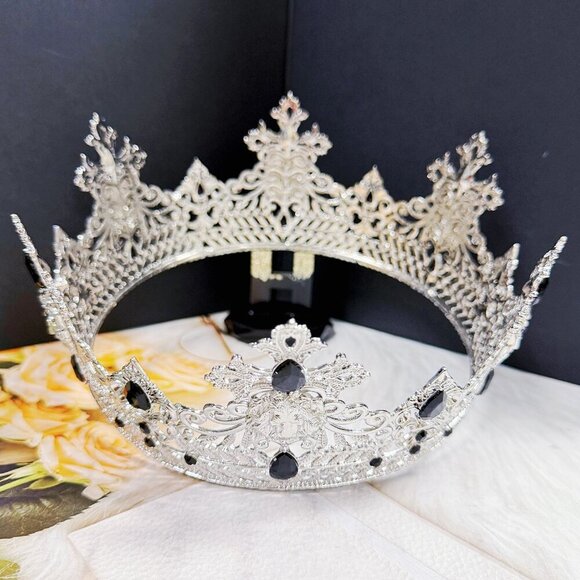 Silver Lion King Crown, Prince Wedding Headpiece, Black Crystal Crown for Groom main image 4